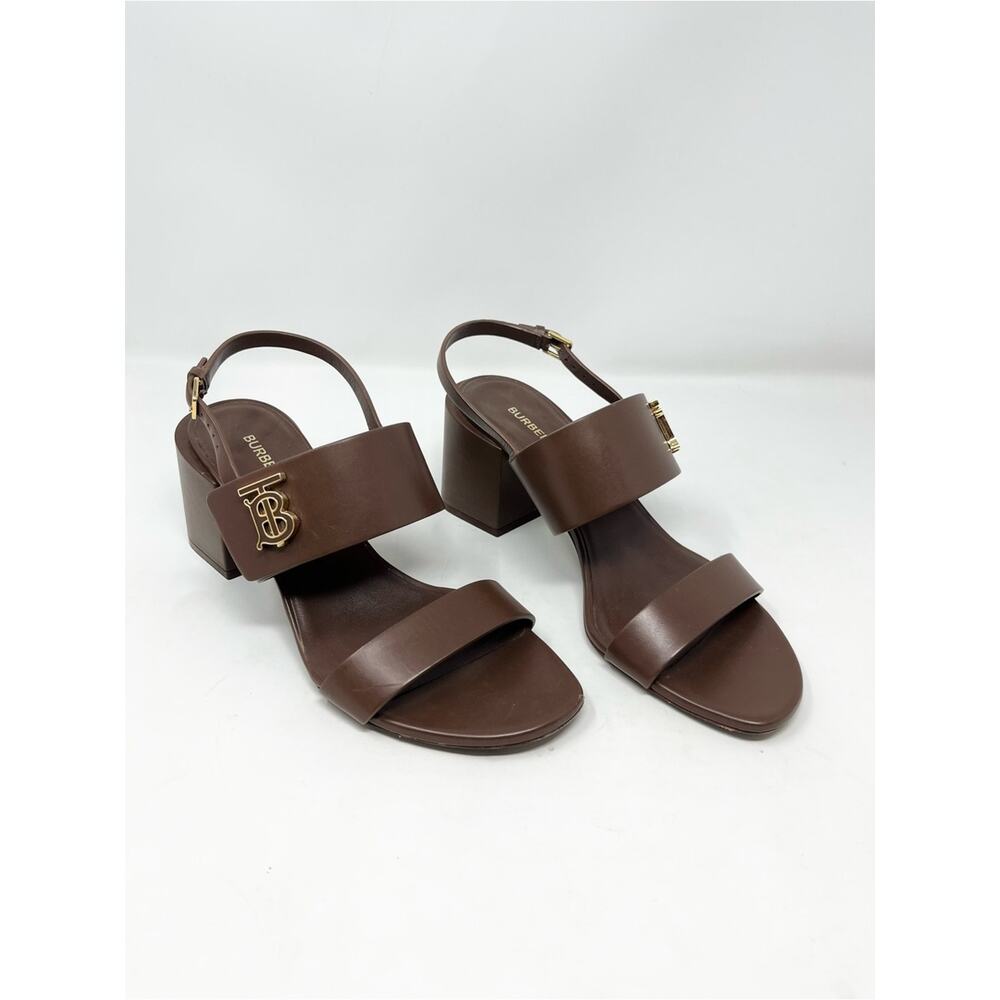 Burberry Virginia Brown Leather Sandal Block Heel Logo Buckle SlingBack size 40